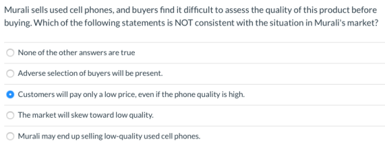 Murali sells used cell phones, and buyers find it difficult to assess the quality of this product before buying. Which of the
