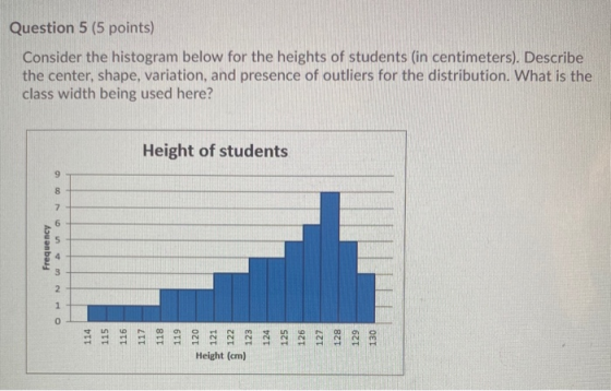Question 5 (5 points) Consider the histogram below for the heights of students in centimeters). Describe the center, shape, v