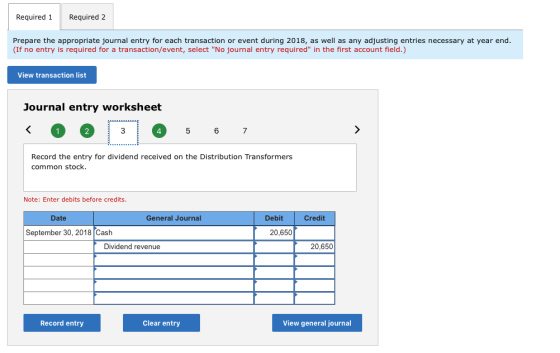 Required 1Required 2 Prepare the appropriate journal entry for each transaction or event during 2018, as well as any adjusting entries necessary at year end. (If no entry is required for a transaction/event, select No journal entry required in the first account field.) View transaction list Journal entry worksheet 4 6 7 Record the entry for dividend received on the Distribution Transformers common stock. Note: Enter debits before credits. Date General Journal Debit Credit September 30, 2018Cash 20,650 Dividend revenue 20,650 Record entry Clear entry View general journal