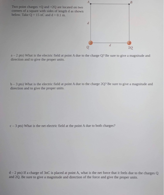 Two point charges +Q and +2Q are located on two corners of a square with sides of length d as shown below. Take Q = 15 nC and