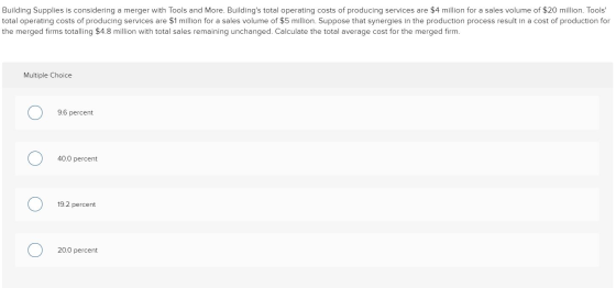 Building Supplies is considering a merger with Tools and More. Buildings total operating costs of producing services are $4