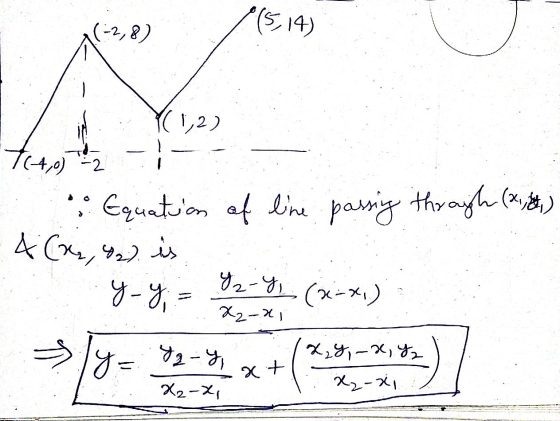 (3, 14) -2, 8) (12) 764,00 • Equation of line passing through (3, 4) 4 (2₂, 9) is (x-x) 9-8, 9,9) x2-x) — 9= 92-) + х,8-х, 8,
