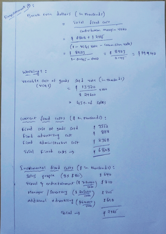 reall even Peajovimento dollars (in thousands) sorat fixed cost contribution margin ratio = 96808 + 2165 (1-VEGS rate - Commi