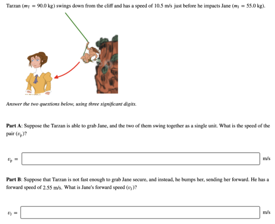 Tarzan (mt = 90.0 kg) swings down from the cliff and has a speed of 10.5 m/s just before he impacts Jane (mj = 55.0 kg). Answ