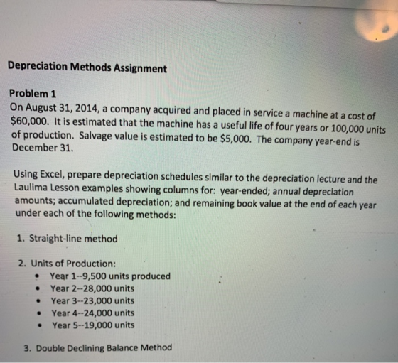 Depreciation Methods Assignment Problem 1 On August 31, 2014, a company acquired and placed in service a machine at a cost of