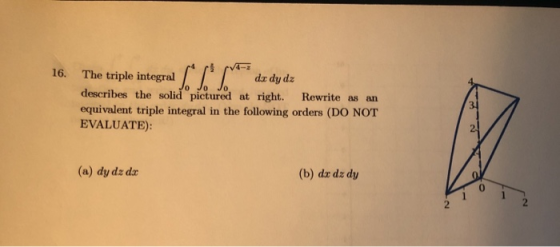 16. o integrad [**** The triple da dy dz describes the solid pictured at right. Rewrite as an equivalent triple integral in t