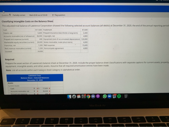 Question 1 Partially correct Mark 8.00 out of 3300 P Flag question Classifying Intangible Costs on the Balance Sheet The adju