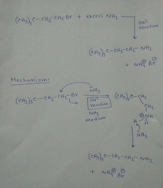 (CH3)C-CH CHz Br + NH3 excess SN2 reaction (CH3C-CH-CH NH2 NHZ Br Mechanism: NH3 (CHs),C-C2 CCH)3-CH-CH Br SNT reaction CH2 1