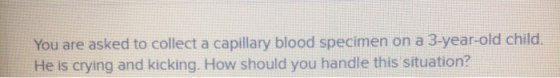You are asked to collect a capillary blood specimen on a 3-year-old child He is crying and kicking. How should you handle thi