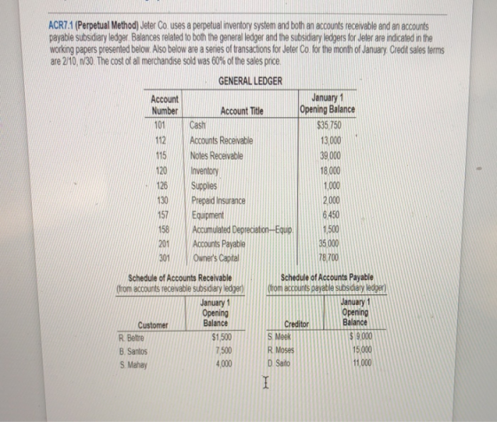 ACR7 (Perpetual Method) Jeter Co. uses a perpetual inventory system and both an accounts receivable and an accounts payable s