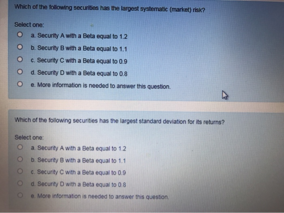 Which of the following securities has the largest systematic (market) risk? Select one: O a. Security A with a Beta equal to