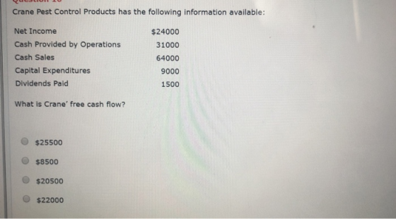 UDCIUI Crane Pest Control Products has the following information available: Net Income Cash Provided by Operations Cash Sales