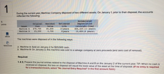 During the current year, Martinez Company disposed of two different assets. On January 1, prior to their disposal, the accoun