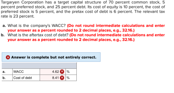 Targaryen Corporation has a target capital structure of 70 percent common stock, 5 percent preferred stock, and 25 percent de