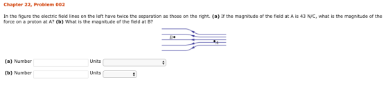 Chapter 22, Problem 002 In the figure the electric field lines on the left have twice the separation as those on the right. (a) If the magnitude of the field at A is 43 N/C, what is the magnitude of the force on a proton at A? (b) What is the magnitude of the field at B? (a) Number Units (b) Number Units
