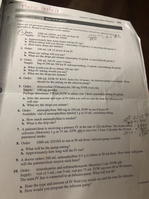 Plea expla in PROFICIENCY TES Name here are 14 questions related to IV and IVPB and enteral feeding culeulat Appendix A. Roun