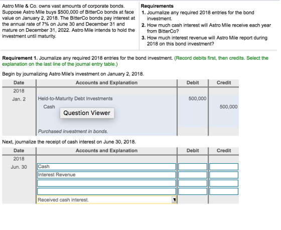 Astro Mile & Co. owns vast amounts of corporate bonds. Suppose Astro Mile buys $500,000 of BitterCo bonds at face value on Ja