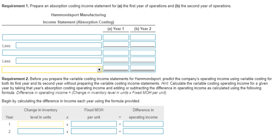Requirement 1. Prepare an absorption costing income statement for (a) the first year of operations and (b) the second year of