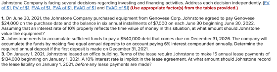 Johnstone Company is facing several decisions regarding investing and financing activities. Address each decision independent