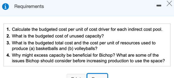 Requirements 1. Calculate the budgeted cost per unit of cost driver for each indirect cost pool. 2. What is the budgeted cost