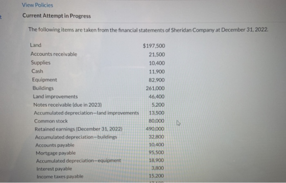 View Policies Current Attempt in Progress The following items are taken from the financial statements of Sheridan Company at