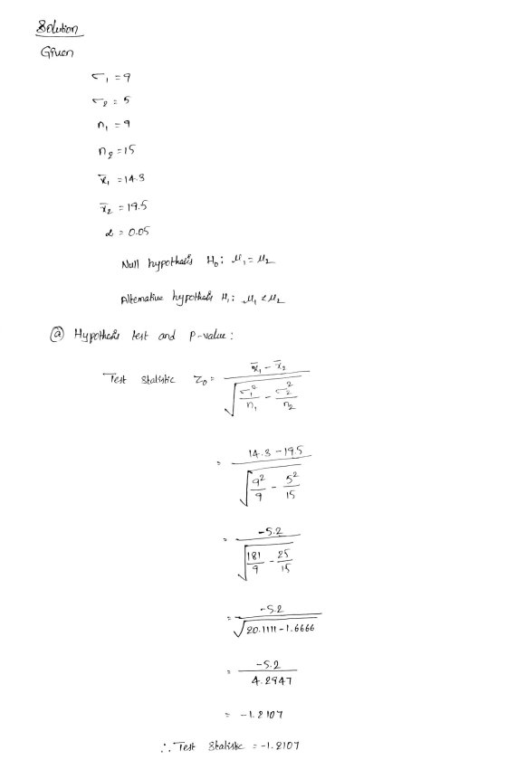 Solution Giuen C-9 2=5 n =15 R 14.9 1, - 18.5 L = 0.05 Null hypothesis Hoi ll, a la Altenative hypothely Hi all, el Hypothesi