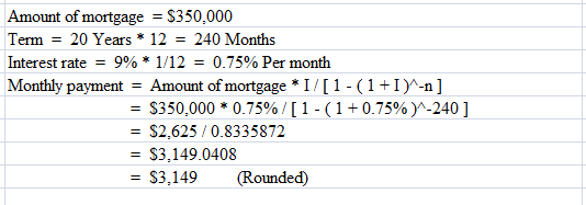 Amount of Term - 20 Years * 12 - 240 Months Interest rate-900 * 1/12-0.75% Per month Monthly payment Amount of mortgage * 1 / [ 1-( 1 + 1 )^-n] mortgage $350,000 350,000 * 0.75% / [ 1-( 1 - $2,625 / 0.8335872 -S3,149.0408 0.75%Y-240 ] 3,149Roued)