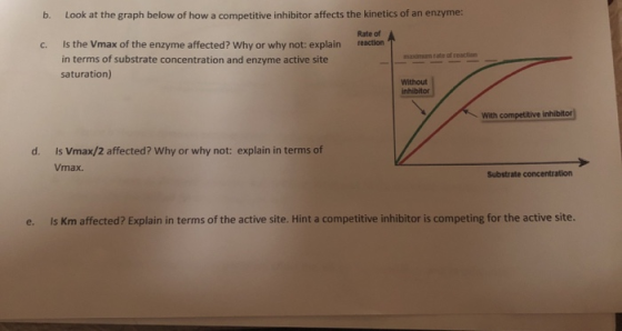 b. Look at the graph below of how a competitive inhibitor affects the kinetics of an enzyme C. Rate of reaction is the Vmax o