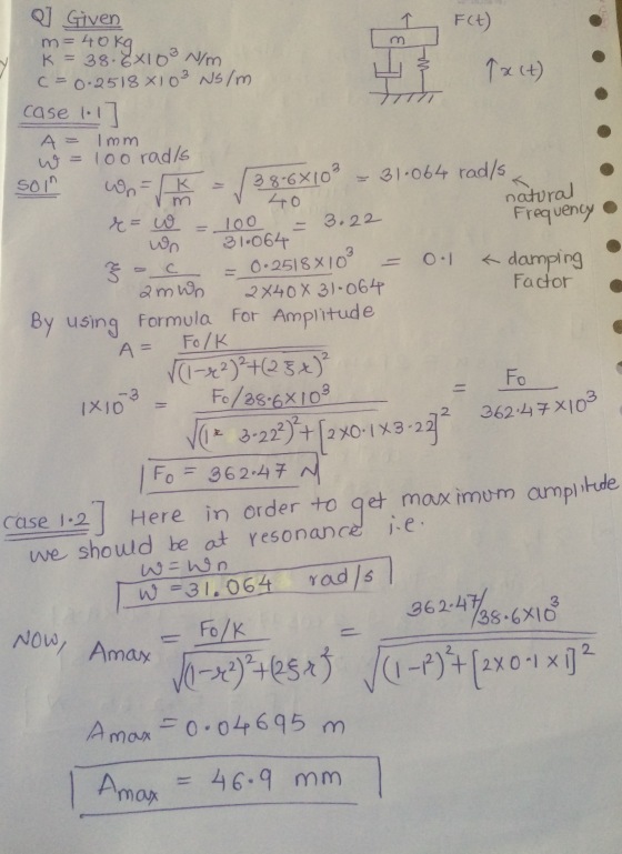 Q] Given m=40kg Im K = 38.8x103 N/m c=0.2518x103 Ns/m Tact) case 117 A = Imm w = 100 rads soil wok - 386X10² = 31.064 rad/s