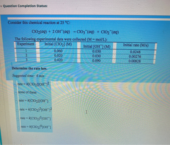 Question Completion Status: Consider this chemical reaction at 25 °C: ClO2(aq) + 2OH(aq) + C1O3(aq) + CO2(aq) The following e