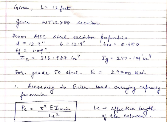 Given, L= 12 feet Given WT 12 x 88 section kom Arsc steel section properties d = 12.4 b = 12.9 tw = 0.650 tk 2 1.09 Iz = 31