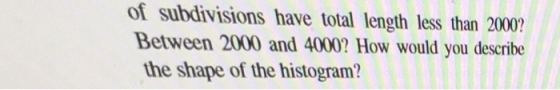 of subdivisions have total length less than 2000? Between 2000 and 40002 How would you descrihe the shape of the histogram?