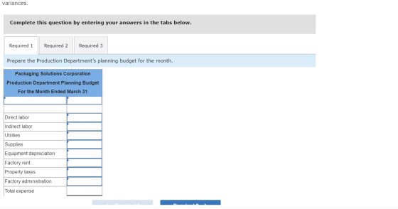 variances. Complete this question by entering your answers in the tabs below. Required 1 Required 2 Required 3 Prepare the Pr