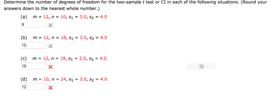 Determine the number of degrees of freedom for the two-sample t test or CI in each of the following situations. (Round your a