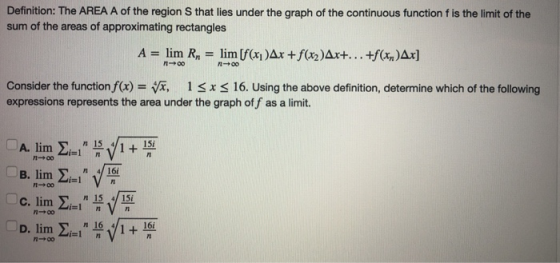 Definition: The AREA A of the region S that lies under the graph of the continuous function f is the limit of the sum of the