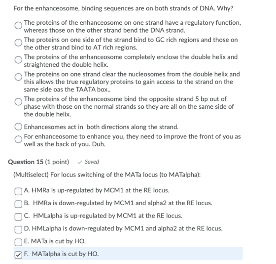 For the enhanceosome, binding sequences are on both strands of DNA. Why? The proteins of the enhanceosome on one strand have