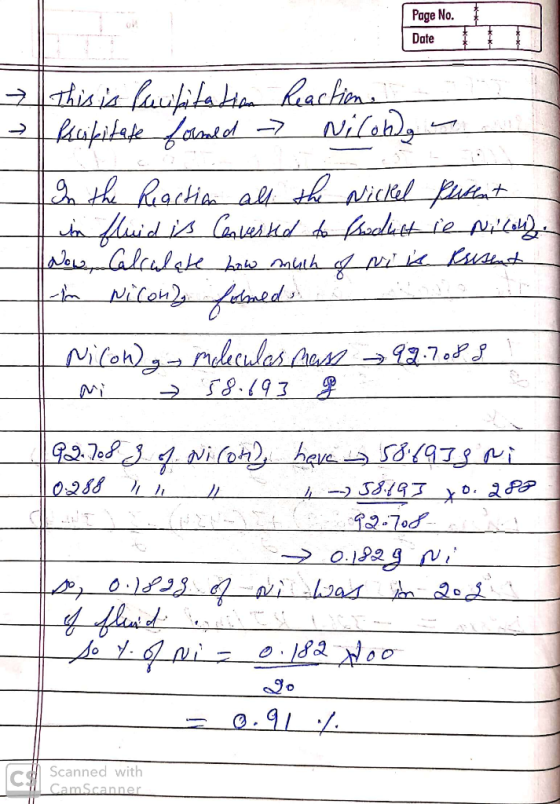 Page No. Date | This is lovilitation Reaction. kulitate famed -> Nilonga In the Reaction all the Nickel futent in fluid is Co