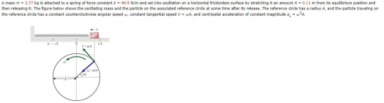 A mass m = 2.77 kg is attached to a spring of force constant k = 44.9 N/m and set into oscillation on a horizontal frictionle