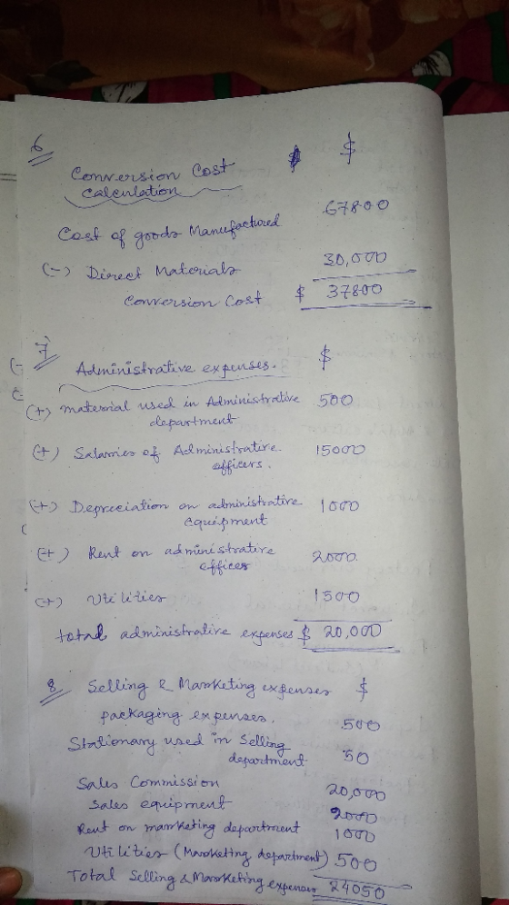 cost Conversion Calentation 67800 Cost of goods Mancefactured (2) Direct Materials Conversion Cost 30,000 378-00 Administrati