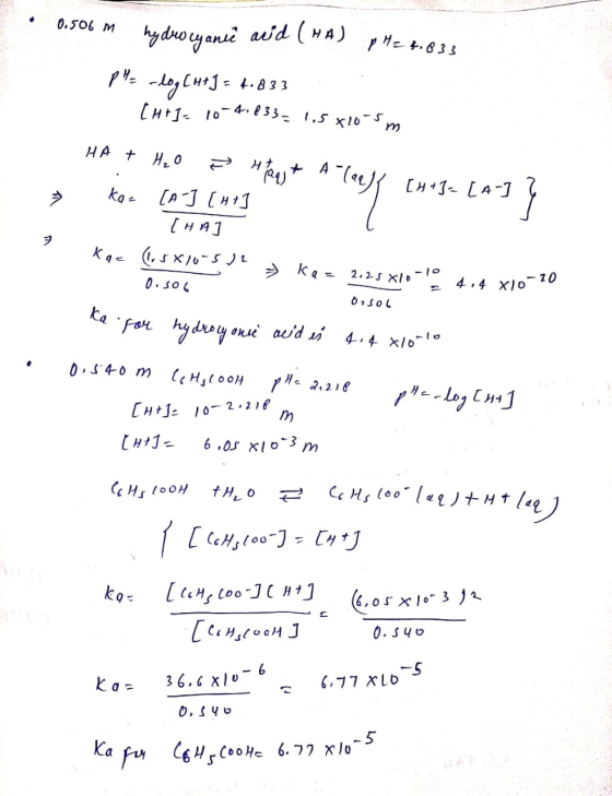 . 0.506 M hydrocyanê avid (HA) pH = 4.833 Plz -log[ht] = 4.833 CH+J= 10-4. 133= 1,5x20 sm HA + H₂O A Haust A [H+]- [A] ka= ar