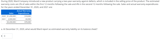 During 2020, Ward Company introduced a new product carrying a two-year warranty against defects, which is included in the sel