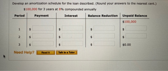 Develop an amortization schedule for the loan described. (Round your answers to the nearest cent.) $100,000 for 3 years at 8%