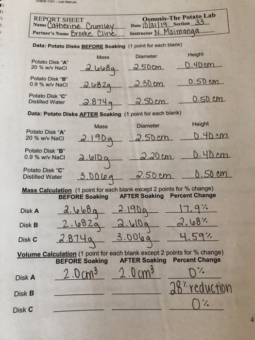 CHEM 1151 - Lab Manual REPORT SHEET Osmosis-The Potato Lab Name Catherine Crumley_ Date ID|3119_Section 33 Partners Name Bro