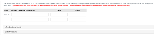The asset was not sold by December 31, 2021. The fair value of the equipment on that date is $6,466,000. Prepare the journal