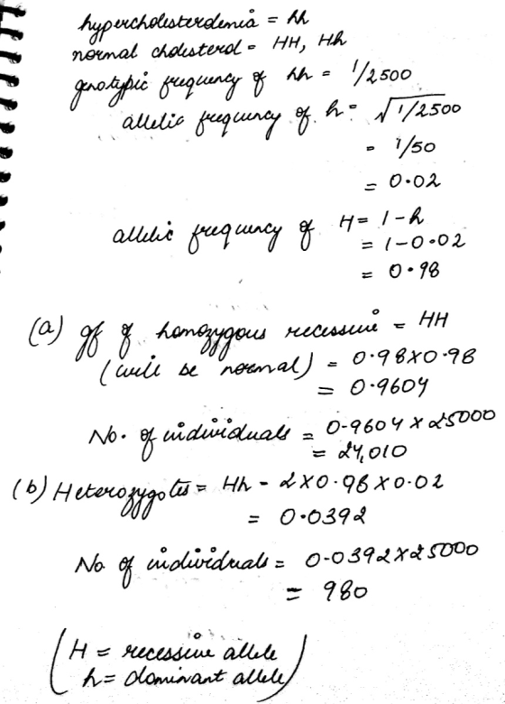 hypercholesterdenia = hh normal cholesterolo HH, Hh genotypic frequency of hh = 1/2500 allelic frequency of ho 11/2500 - 1/50