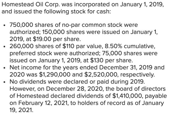 Homestead Oil Corp. was incorporated on January 1, 2019, and issued the following stock for cash: • 750,000 shares of no-par