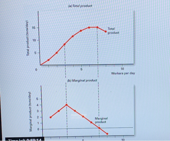 (a) Total product 15 - Total product Total product (tons/day) 10 5 0 5 10 Workers per day (b) Marginal product 5 - 4 Marginal