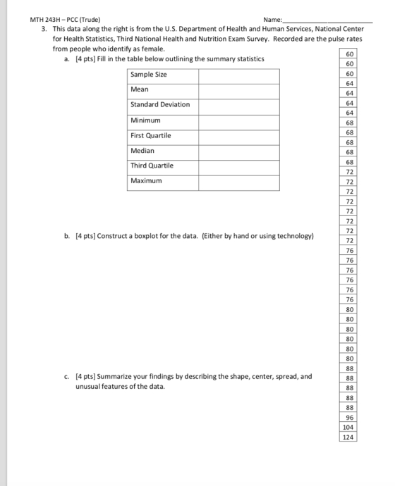 MTH 243H- PCC (Trude) Name: 3. This data along the right is from the U.S. Department of Health and Human Services, National Center for Health Statistics, Third National Health and Nutrition Exam Survey. Recorded are the pulse rates from people who identify as female a. [4 pts] Fill in the table below outlining the summary statistics 60 60 60 64 64 64 64 Sample Size Mean Standard Deviation Minimum First Quartile Median Third Quartile Maximum 68 68 68 68 68 72 72 72 72 72 72 72 72 76 76 76 76 76 b. [4 pts] Construct a boxplot for the data. (Either by hand or using technology) 76 80 80 80 80 80 80 [4 pts] Summarize your findings by describing the shape, center, spread, and unusual features of the data c. 96 104 124