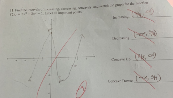 11. Find the intervals of increasing, decreasing concavity, and sketch the graph for the function f(x) = 2x3 - 3x2 - 1. Label