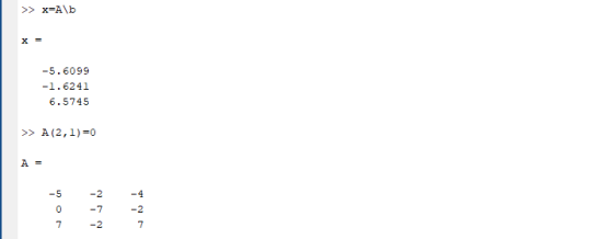 >> X-A\b -5.6099 -1.6241 6.5745 >> A (2,1) =0 A = - - - -
